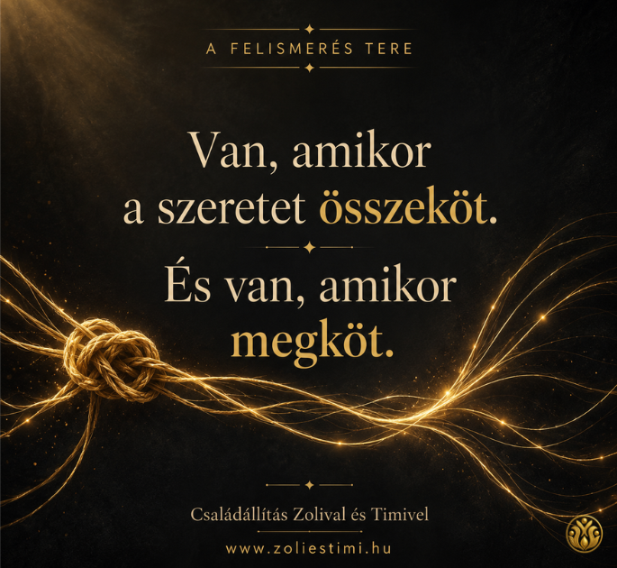 Családállítás témájú arany-fekete grafika a szeretet, családi hűség és láthatatlan kötődések felismeréséről.
